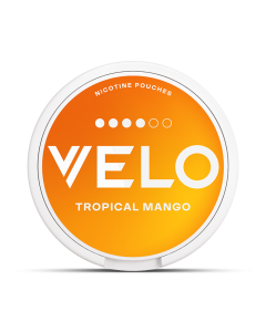 VELO Tropical Mango Slim format mid-intensity nicotine pouch tin, front view
